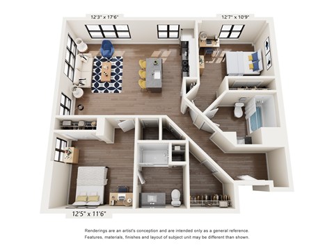 Floor plan for 2 beds, 2 baths, 1109 sqft